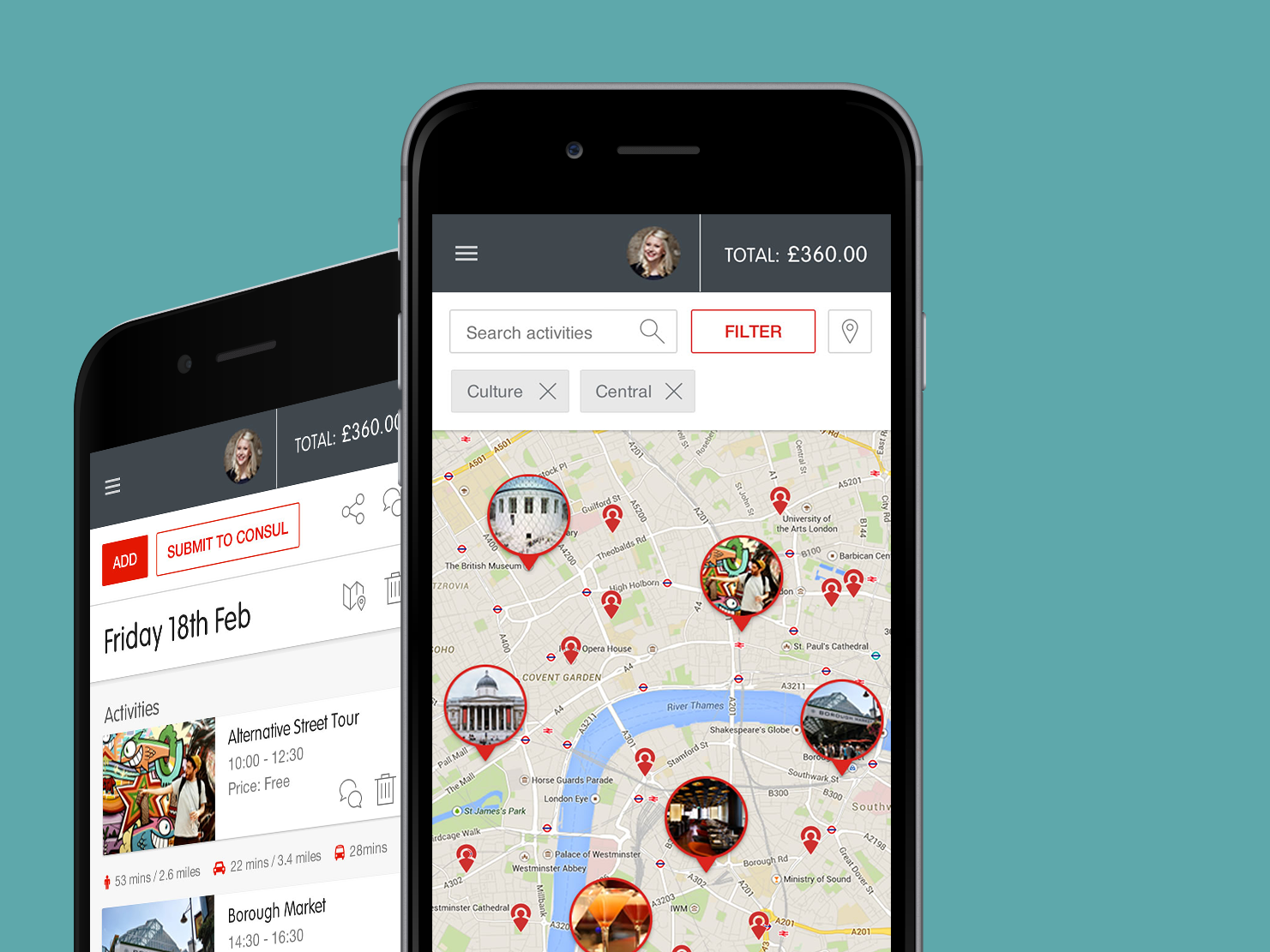 TripConsul responsive website itinerary builder design and development screens on mobiles