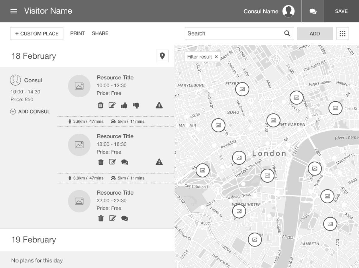 TripConsul website itinerary planner map wireframe