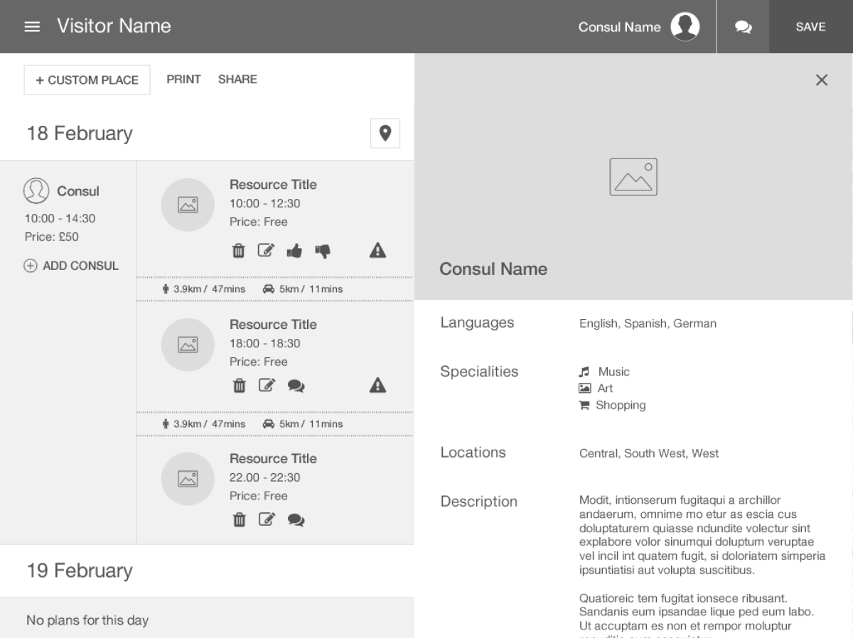 TripConsul website itinerary planner information wireframe