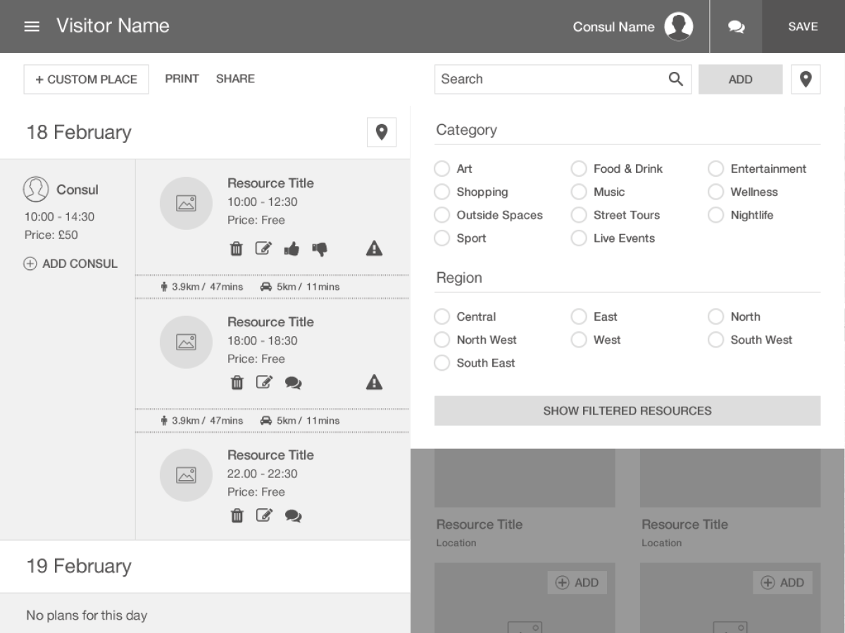 TripConsul website itinerary planner search filters wireframe