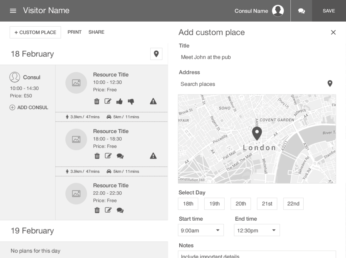 TripConsul website itinerary planner custom place wireframe
