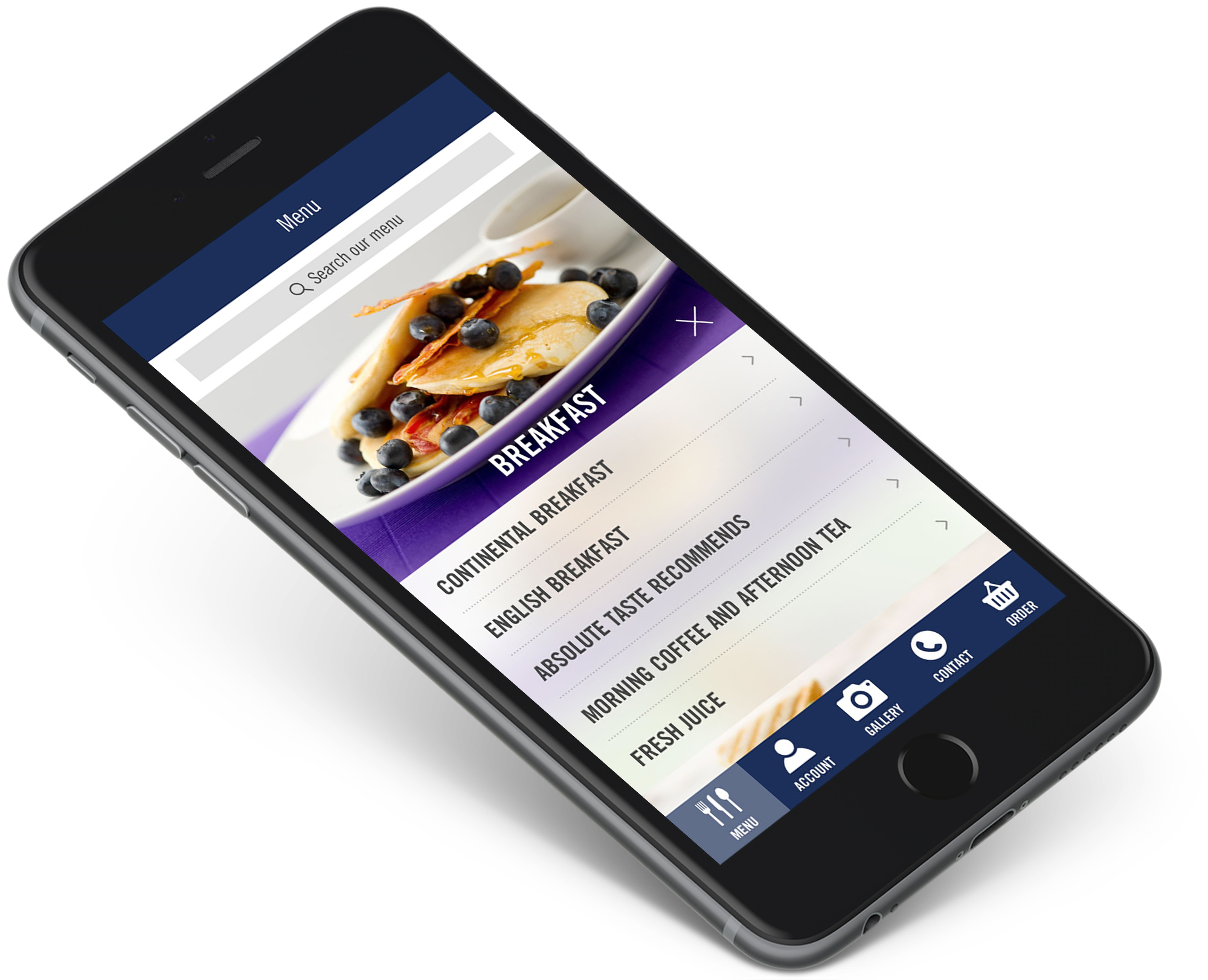 Absolute Taste app menu screen UI design on mobile