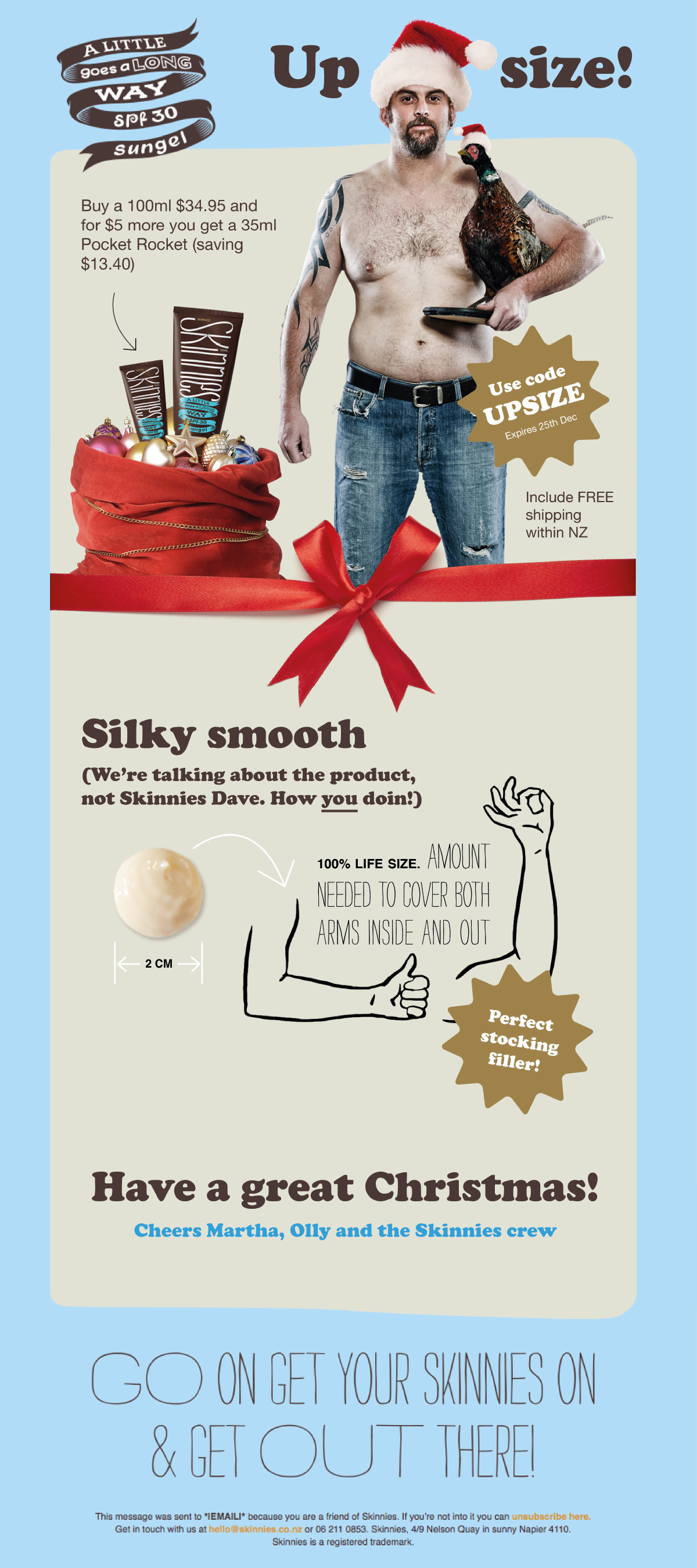 Skinnies Christmas upsize promotional email design and development