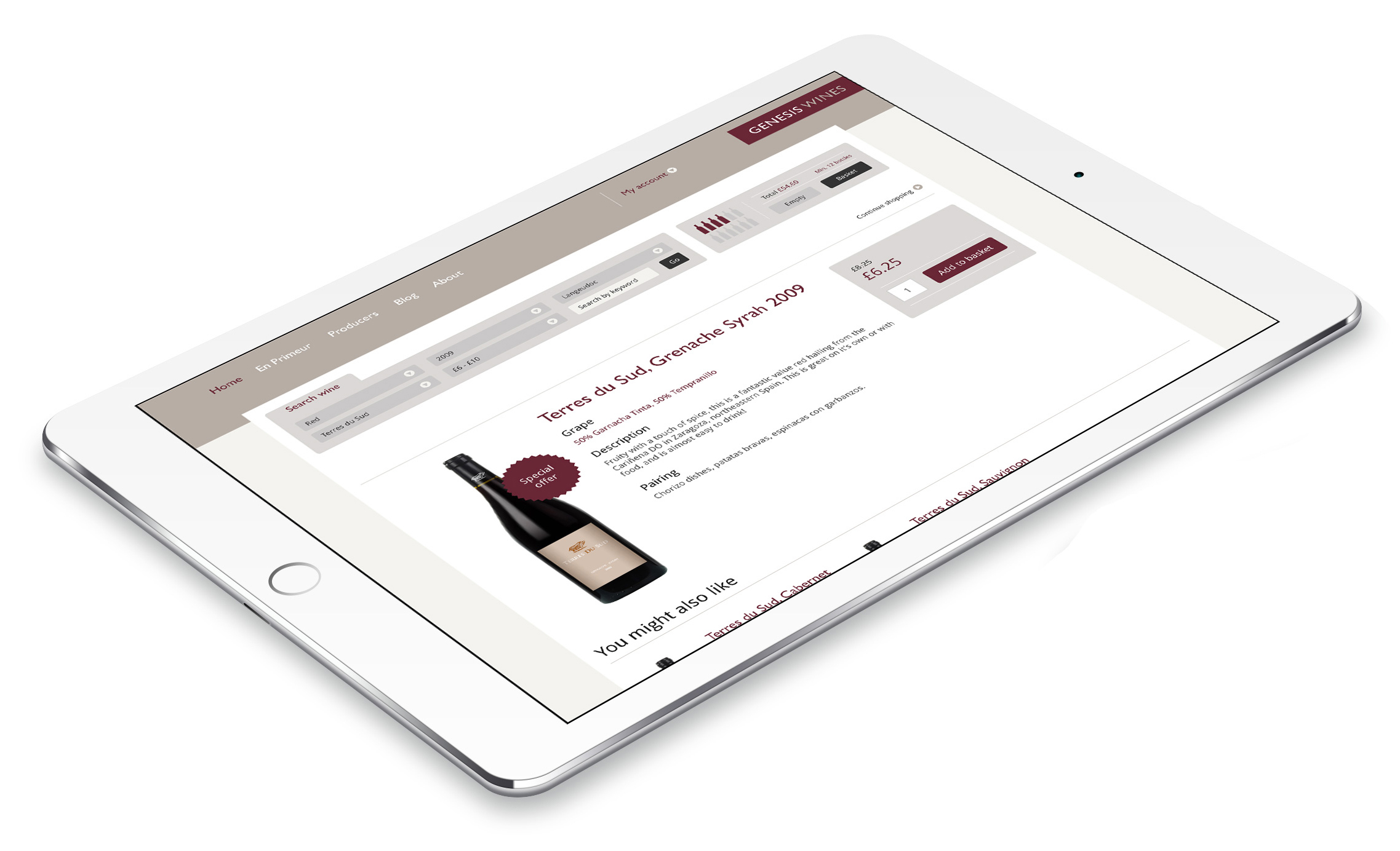 Genesis Wines website design and development on iPad