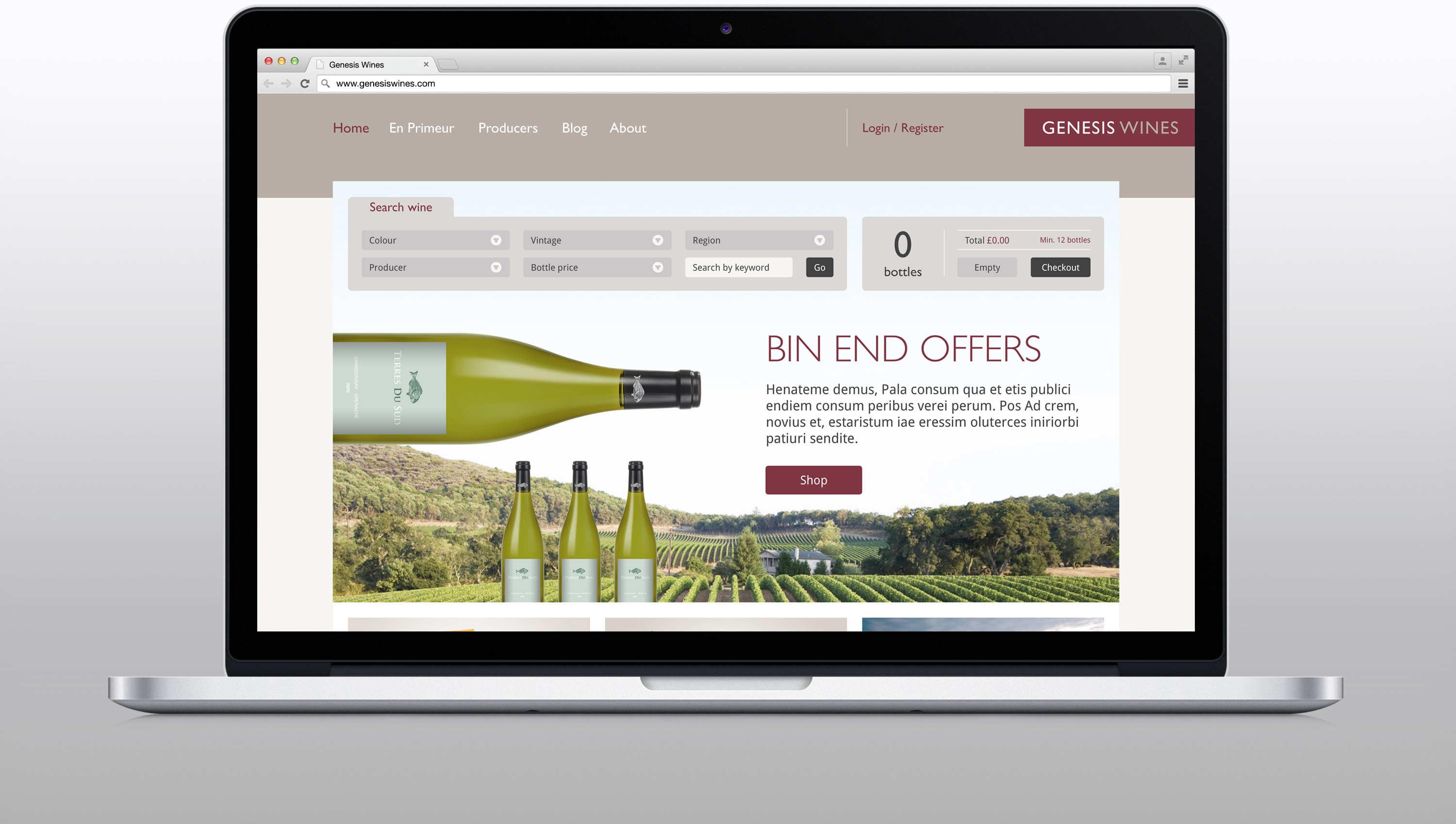 Genesis Wines website home page design and development on desktop