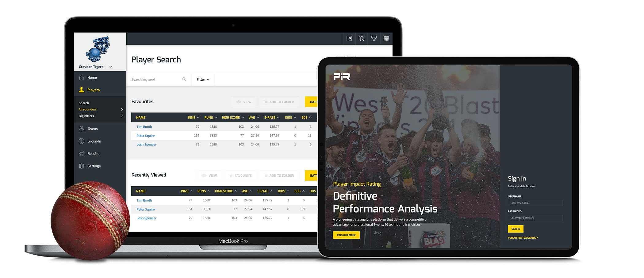 Cricket sports analytics software user interface. UI design on desktop