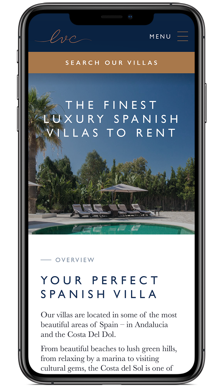 The Luxury Villa Collection homepage screen design on iPhone X The Luxury Villa Collection homepage screen design on iPhone X