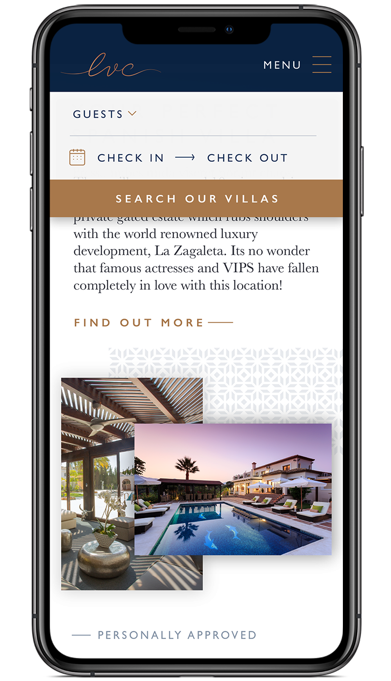 The Luxury Villa Collection villa description screen booking drop down design on iPhone X